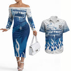 Personalized Canterbury Bankstown Bulldogs Couples Matching Off The Shoulder Long Sleeve Dress and Hawaiian Shirt Y2K Grunge Aesthetic With Cyber Flames and Starburst Graphics