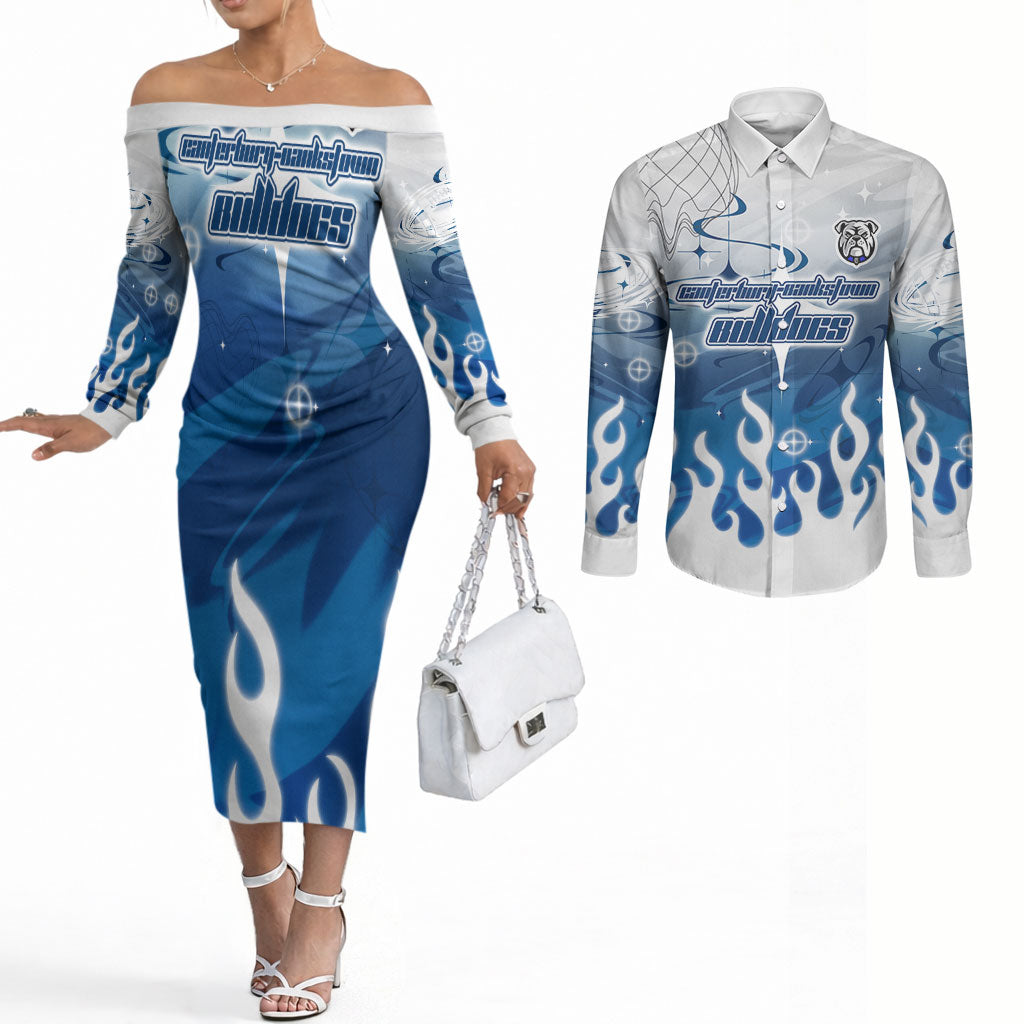 Personalized Canterbury Bankstown Bulldogs Couples Matching Off The Shoulder Long Sleeve Dress and Long Sleeve Button Shirt Y2K Grunge Aesthetic With Cyber Flames and Starburst Graphics