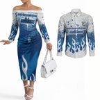 Personalized Canterbury Bankstown Bulldogs Couples Matching Off The Shoulder Long Sleeve Dress and Long Sleeve Button Shirt Y2K Grunge Aesthetic With Cyber Flames and Starburst Graphics