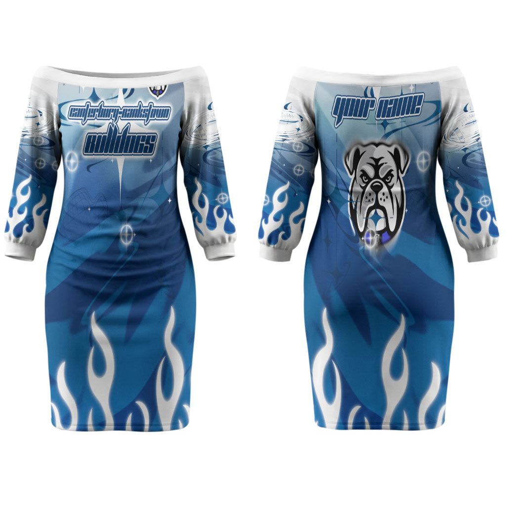 Personalized Canterbury Bankstown Bulldogs Couples Matching Off The Shoulder Long Sleeve Dress and Long Sleeve Button Shirt Y2K Grunge Aesthetic With Cyber Flames and Starburst Graphics