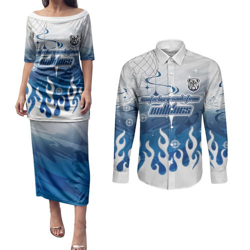Personalized Canterbury Bankstown Bulldogs Couples Matching Puletasi and Long Sleeve Button Shirt Y2K Grunge Aesthetic With Cyber Flames and Starburst Graphics