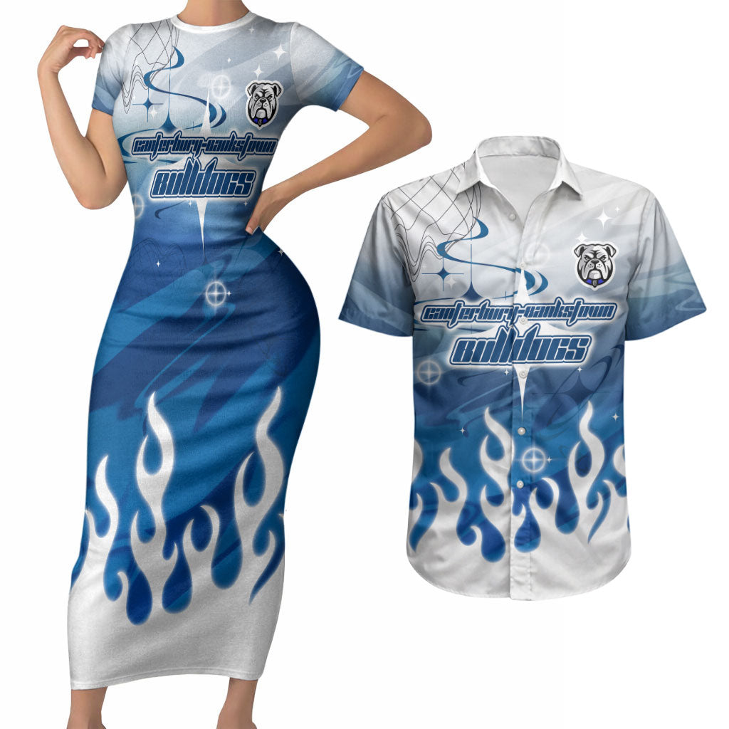 Personalized Canterbury Bankstown Bulldogs Couples Matching Short Sleeve Bodycon Dress and Hawaiian Shirt Y2K Grunge Aesthetic With Cyber Flames and Starburst Graphics