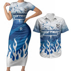 Personalized Canterbury Bankstown Bulldogs Couples Matching Short Sleeve Bodycon Dress and Hawaiian Shirt Y2K Grunge Aesthetic With Cyber Flames and Starburst Graphics