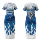 Personalized Canterbury Bankstown Bulldogs Couples Matching Short Sleeve Bodycon Dress and Hawaiian Shirt Y2K Grunge Aesthetic With Cyber Flames and Starburst Graphics