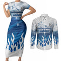 Personalized Canterbury Bankstown Bulldogs Couples Matching Short Sleeve Bodycon Dress and Long Sleeve Button Shirt Y2K Grunge Aesthetic With Cyber Flames and Starburst Graphics