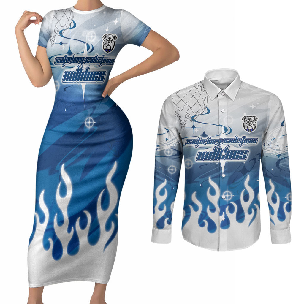 Personalized Canterbury Bankstown Bulldogs Couples Matching Short Sleeve Bodycon Dress and Long Sleeve Button Shirt Y2K Grunge Aesthetic With Cyber Flames and Starburst Graphics