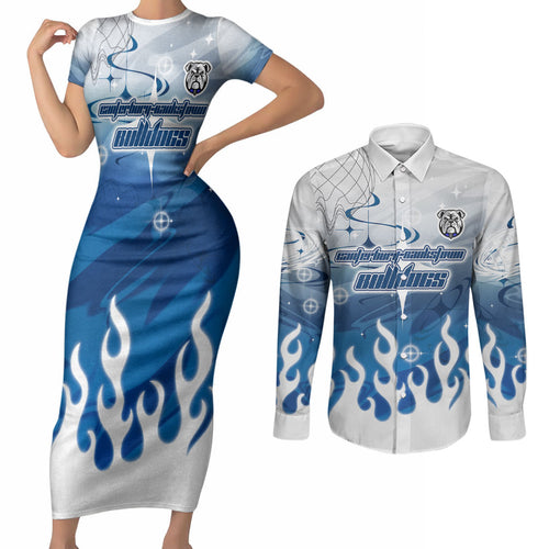Personalized Canterbury Bankstown Bulldogs Couples Matching Short Sleeve Bodycon Dress and Long Sleeve Button Shirt Y2K Grunge Aesthetic With Cyber Flames and Starburst Graphics
