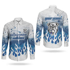 Personalized Canterbury Bankstown Bulldogs Couples Matching Short Sleeve Bodycon Dress and Long Sleeve Button Shirt Y2K Grunge Aesthetic With Cyber Flames and Starburst Graphics