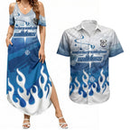 Personalized Canterbury Bankstown Bulldogs Couples Matching Summer Maxi Dress and Hawaiian Shirt Y2K Grunge Aesthetic With Cyber Flames and Starburst Graphics