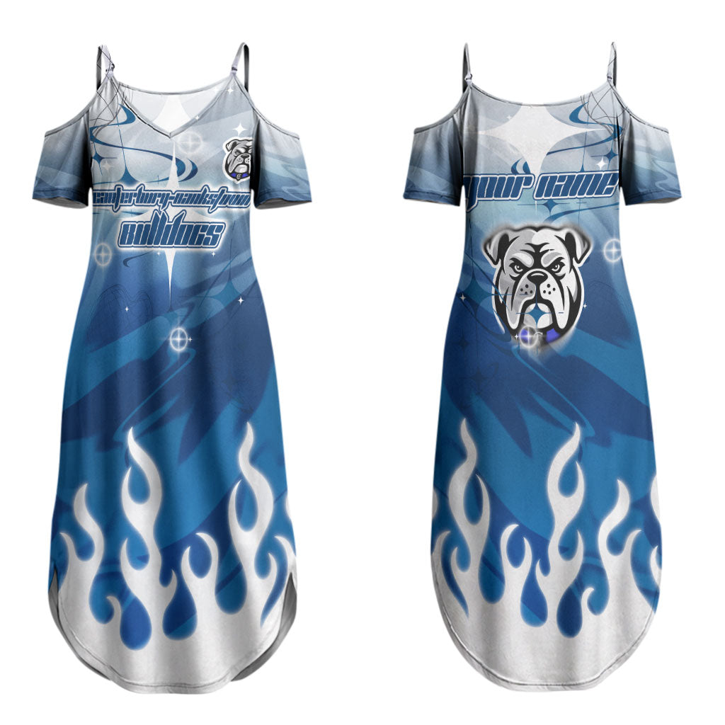 Personalized Canterbury Bankstown Bulldogs Couples Matching Summer Maxi Dress and Hawaiian Shirt Y2K Grunge Aesthetic With Cyber Flames and Starburst Graphics
