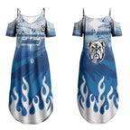 Personalized Canterbury Bankstown Bulldogs Couples Matching Summer Maxi Dress and Hawaiian Shirt Y2K Grunge Aesthetic With Cyber Flames and Starburst Graphics