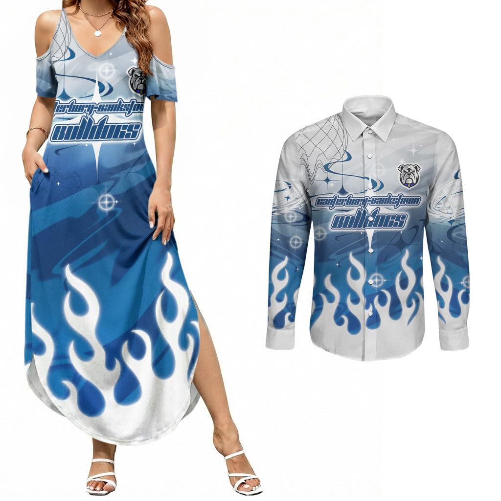 Personalized Canterbury Bankstown Bulldogs Couples Matching Summer Maxi Dress and Long Sleeve Button Shirt Y2K Grunge Aesthetic With Cyber Flames and Starburst Graphics