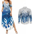 Personalized Canterbury Bankstown Bulldogs Couples Matching Summer Maxi Dress and Long Sleeve Button Shirt Y2K Grunge Aesthetic With Cyber Flames and Starburst Graphics
