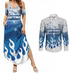 Personalized Canterbury Bankstown Bulldogs Couples Matching Summer Maxi Dress and Long Sleeve Button Shirt Y2K Grunge Aesthetic With Cyber Flames and Starburst Graphics