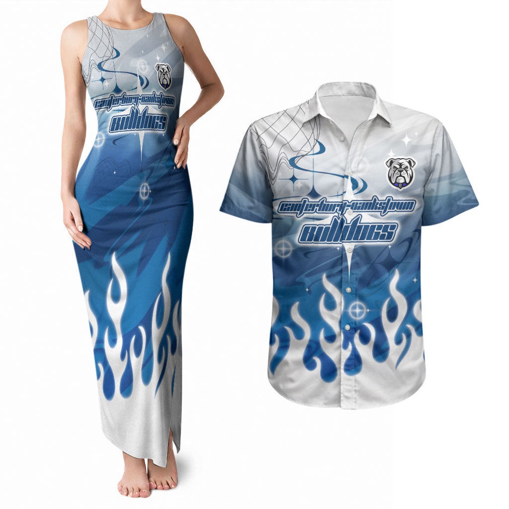 Personalized Canterbury Bankstown Bulldogs Couples Matching Tank Maxi Dress and Hawaiian Shirt Y2K Grunge Aesthetic With Cyber Flames and Starburst Graphics