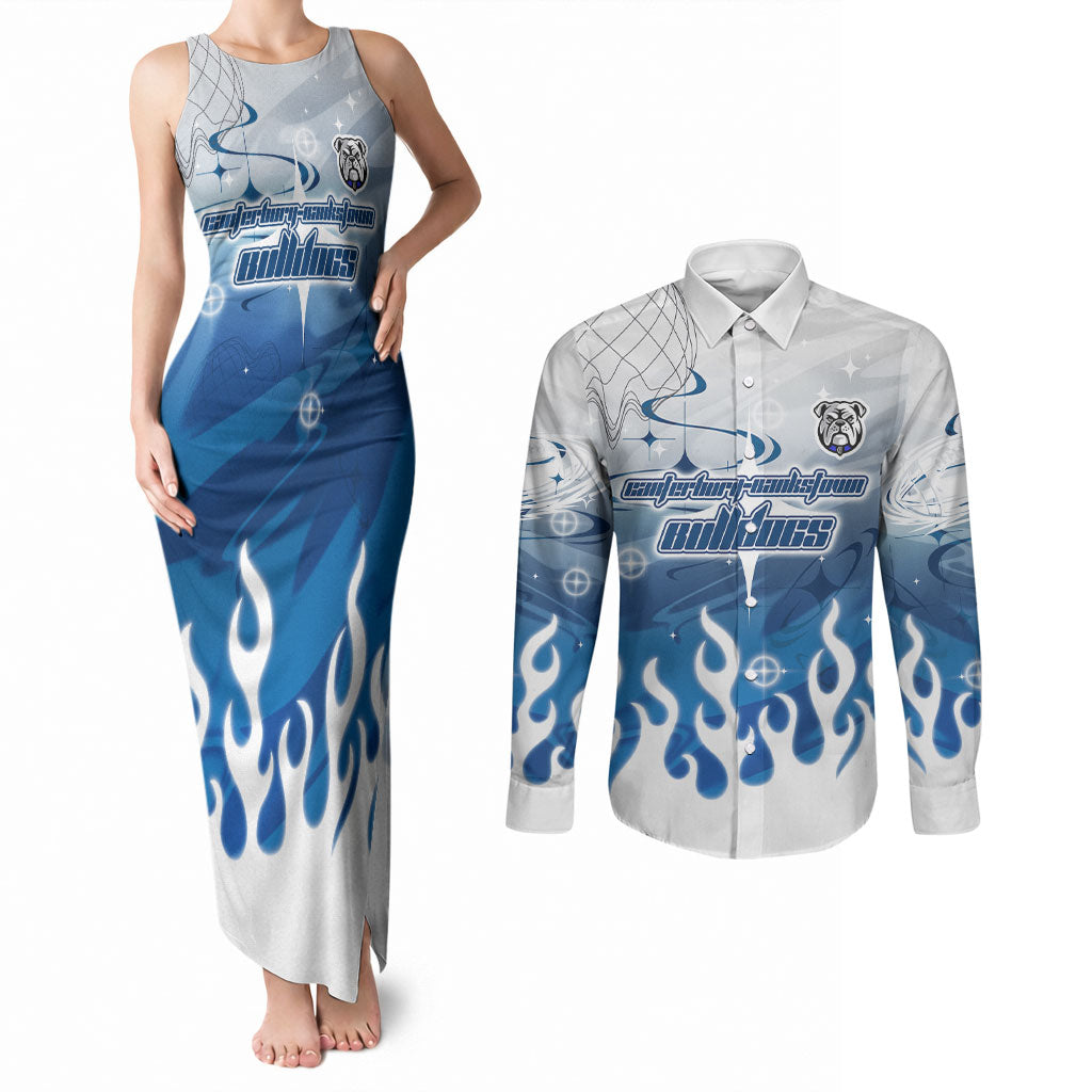 Personalized Canterbury Bankstown Bulldogs Couples Matching Tank Maxi Dress and Long Sleeve Button Shirt Y2K Grunge Aesthetic With Cyber Flames and Starburst Graphics
