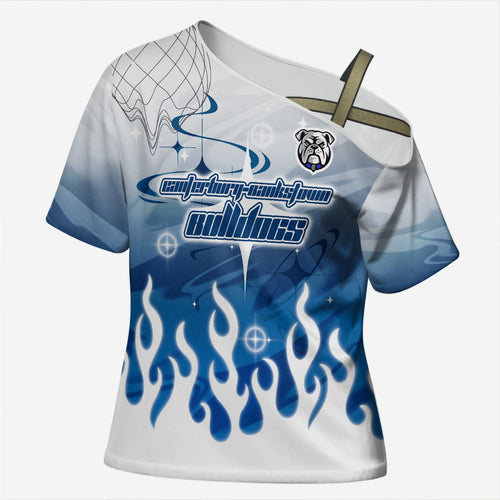 Personalized Canterbury Bankstown Bulldogs Cross Shoulder Shirt Y2K Grunge Aesthetic With Cyber Flames and Starburst Graphics