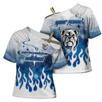 Personalized Canterbury Bankstown Bulldogs Cross Shoulder Shirt Y2K Grunge Aesthetic With Cyber Flames and Starburst Graphics