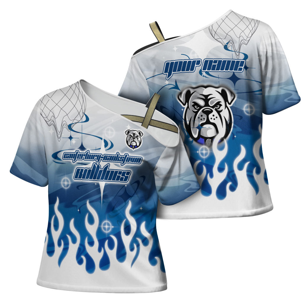 Personalized Canterbury Bankstown Bulldogs Cross Shoulder Shirt Y2K Grunge Aesthetic With Cyber Flames and Starburst Graphics