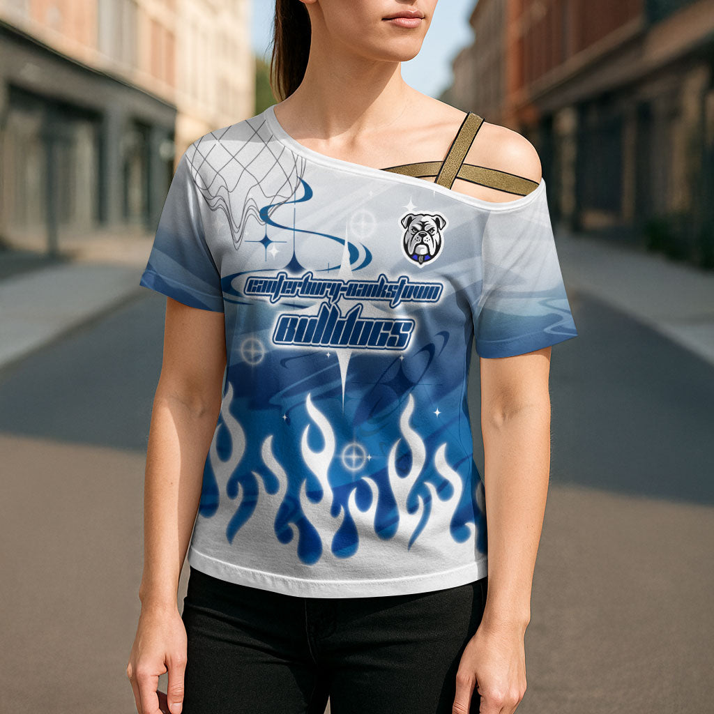 Personalized Canterbury Bankstown Bulldogs Cross Shoulder Shirt Y2K Grunge Aesthetic With Cyber Flames and Starburst Graphics