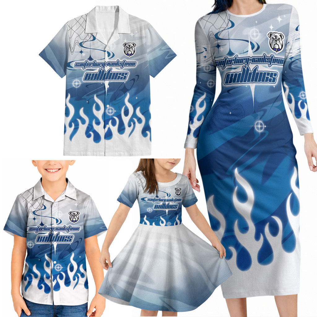 Personalized Canterbury Bankstown Bulldogs Family Matching Long Sleeve Bodycon Dress and Hawaiian Shirt Y2K Grunge Aesthetic With Cyber Flames and Starburst Graphics