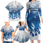 Personalized Canterbury Bankstown Bulldogs Family Matching Long Sleeve Bodycon Dress and Hawaiian Shirt Y2K Grunge Aesthetic With Cyber Flames and Starburst Graphics