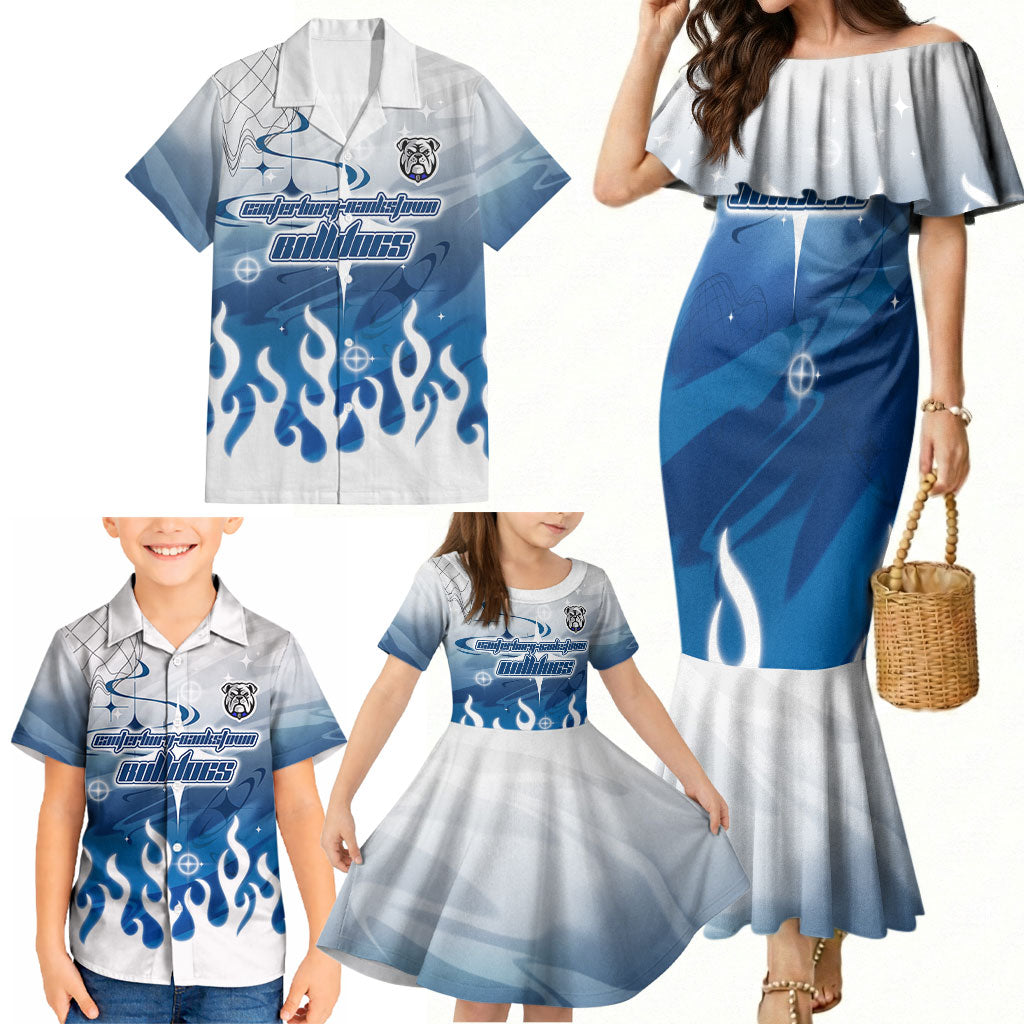 Personalized Canterbury Bankstown Bulldogs Family Matching Mermaid Dress and Hawaiian Shirt Y2K Grunge Aesthetic With Cyber Flames and Starburst Graphics