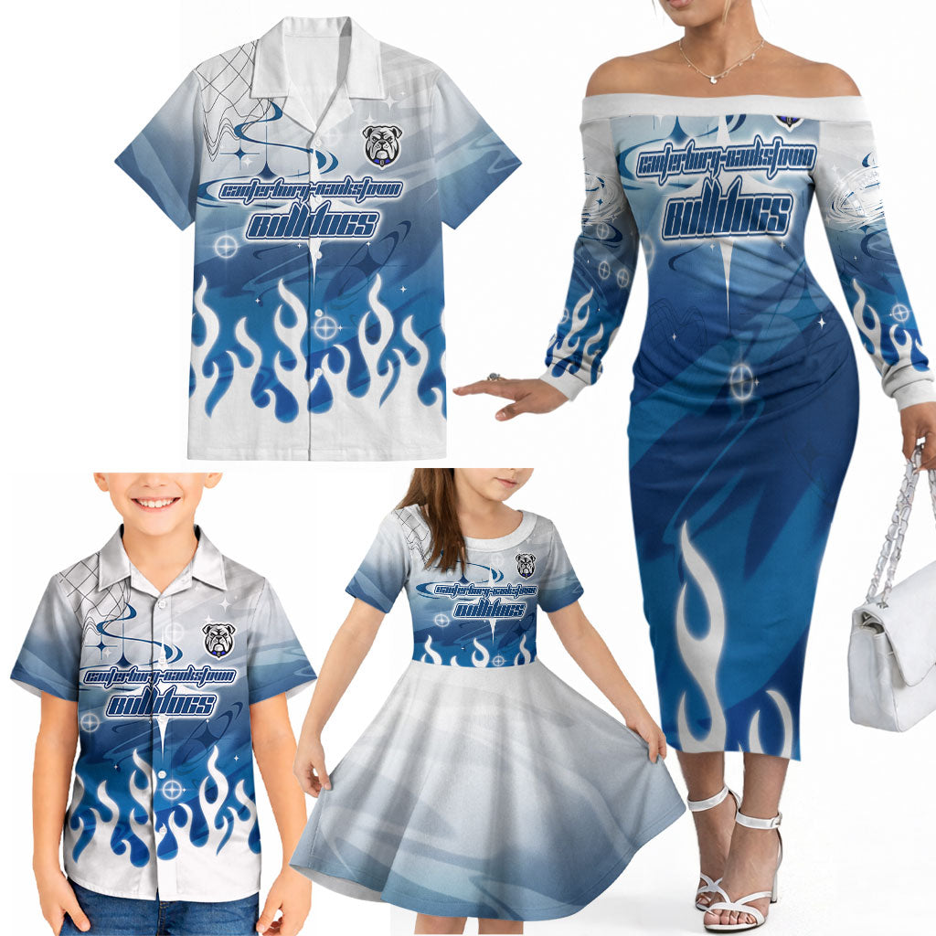 Personalized Canterbury Bankstown Bulldogs Family Matching Off The Shoulder Long Sleeve Dress and Hawaiian Shirt Y2K Grunge Aesthetic With Cyber Flames and Starburst Graphics