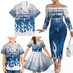 Personalized Canterbury Bankstown Bulldogs Family Matching Off The Shoulder Long Sleeve Dress and Hawaiian Shirt Y2K Grunge Aesthetic With Cyber Flames and Starburst Graphics
