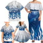 Personalized Canterbury Bankstown Bulldogs Family Matching Off Shoulder Maxi Dress and Hawaiian Shirt Y2K Grunge Aesthetic With Cyber Flames and Starburst Graphics