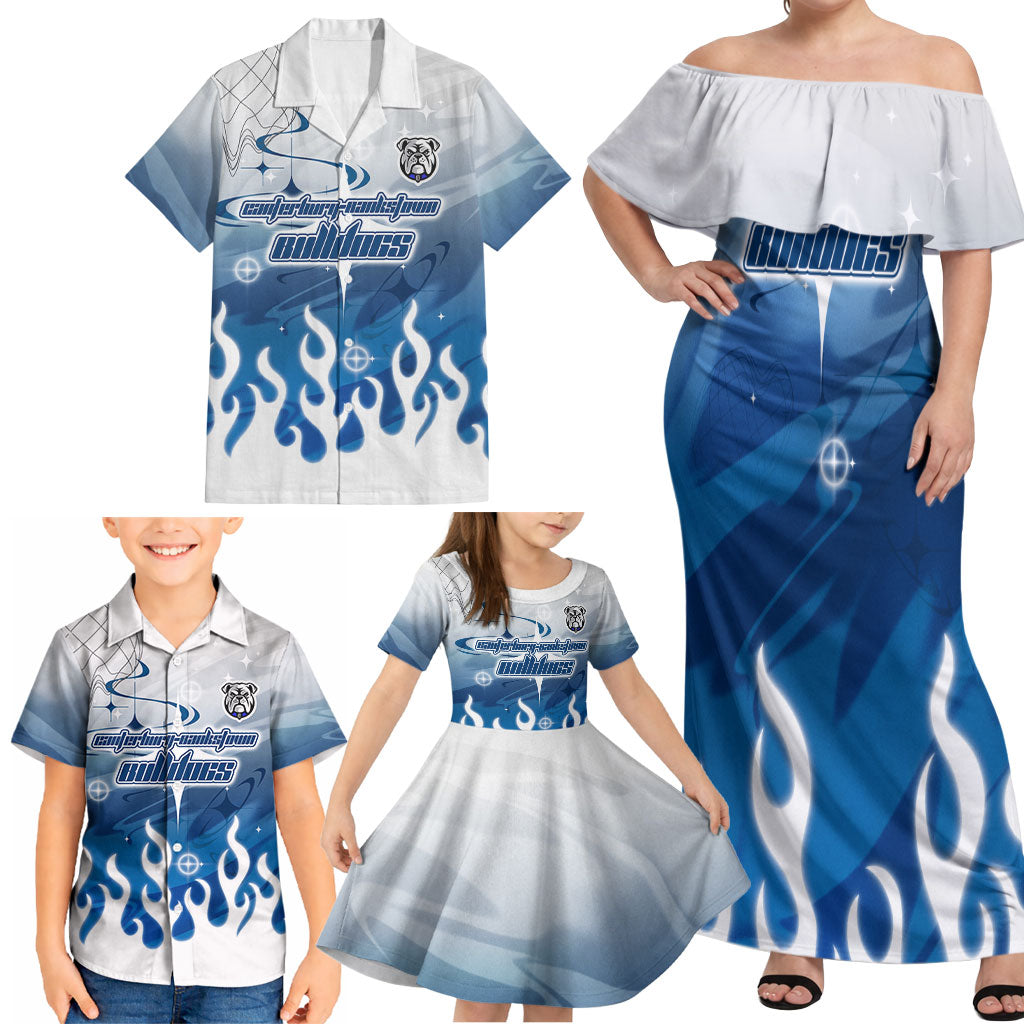 Personalized Canterbury Bankstown Bulldogs Family Matching Off Shoulder Maxi Dress and Hawaiian Shirt Y2K Grunge Aesthetic With Cyber Flames and Starburst Graphics