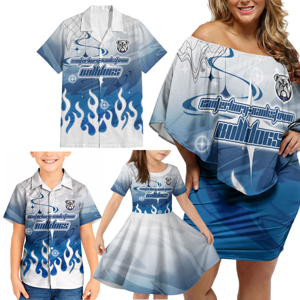 Personalized Canterbury Bankstown Bulldogs Family Matching Off Shoulder Short Dress and Hawaiian Shirt Y2K Grunge Aesthetic With Cyber Flames and Starburst Graphics