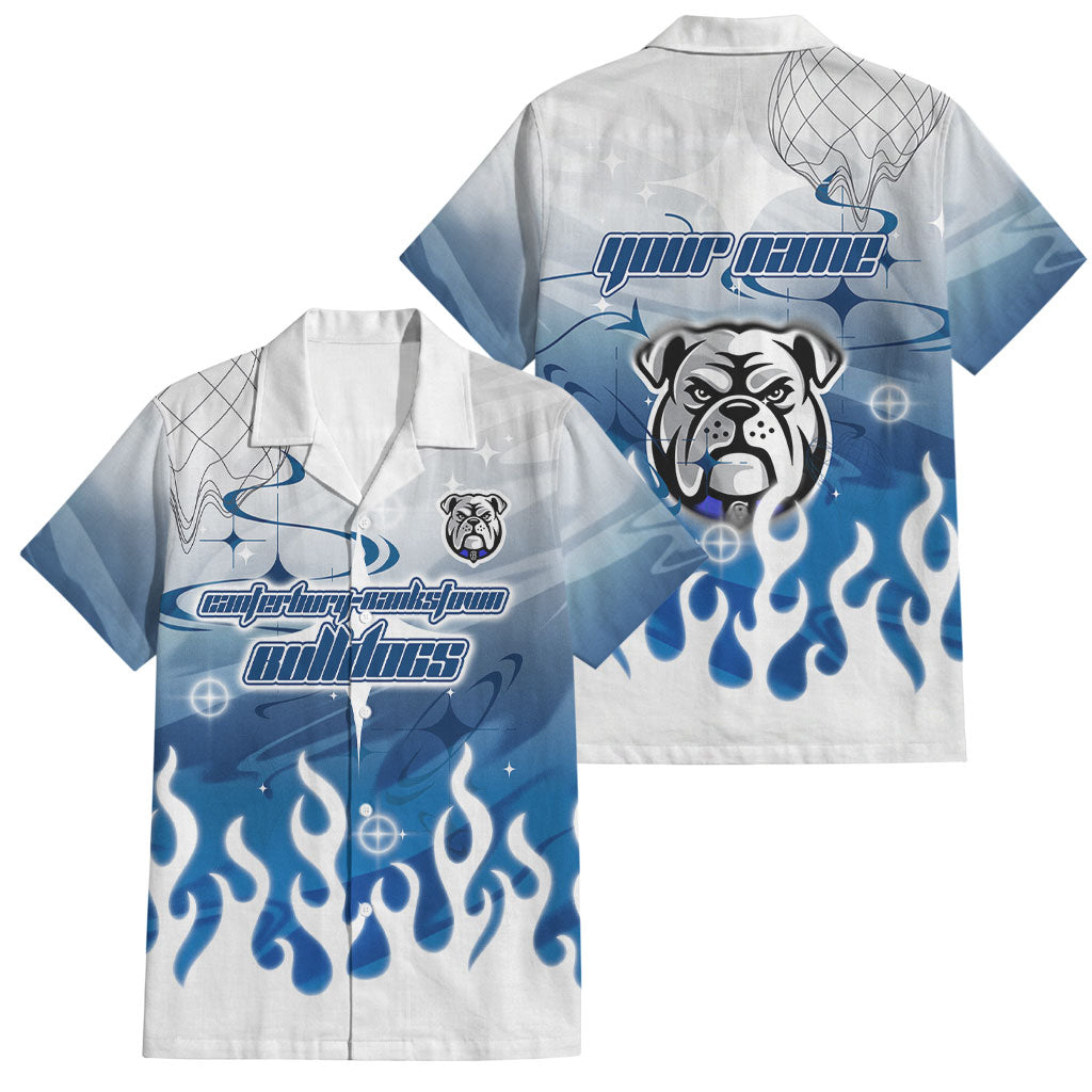 Personalized Canterbury Bankstown Bulldogs Family Matching Off Shoulder Short Dress and Hawaiian Shirt Y2K Grunge Aesthetic With Cyber Flames and Starburst Graphics