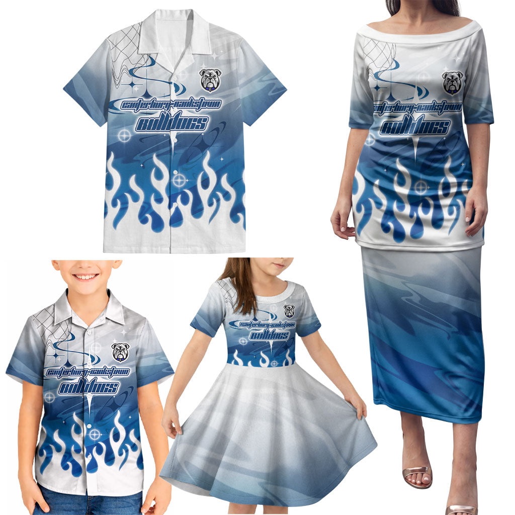 Personalized Canterbury Bankstown Bulldogs Family Matching Puletasi and Hawaiian Shirt Y2K Grunge Aesthetic With Cyber Flames and Starburst Graphics