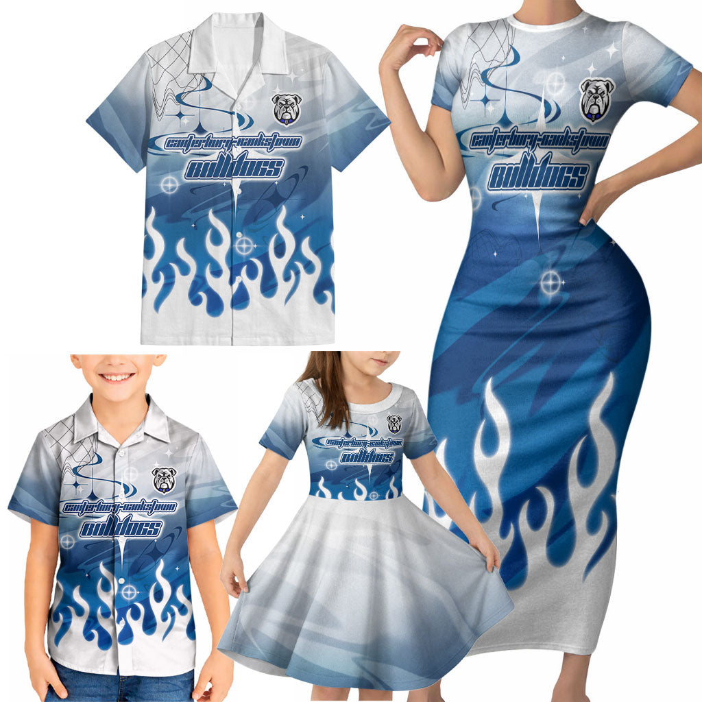 Personalized Canterbury Bankstown Bulldogs Family Matching Short Sleeve Bodycon Dress and Hawaiian Shirt Y2K Grunge Aesthetic With Cyber Flames and Starburst Graphics