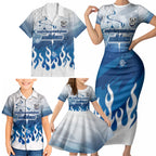 Personalized Canterbury Bankstown Bulldogs Family Matching Short Sleeve Bodycon Dress and Hawaiian Shirt Y2K Grunge Aesthetic With Cyber Flames and Starburst Graphics