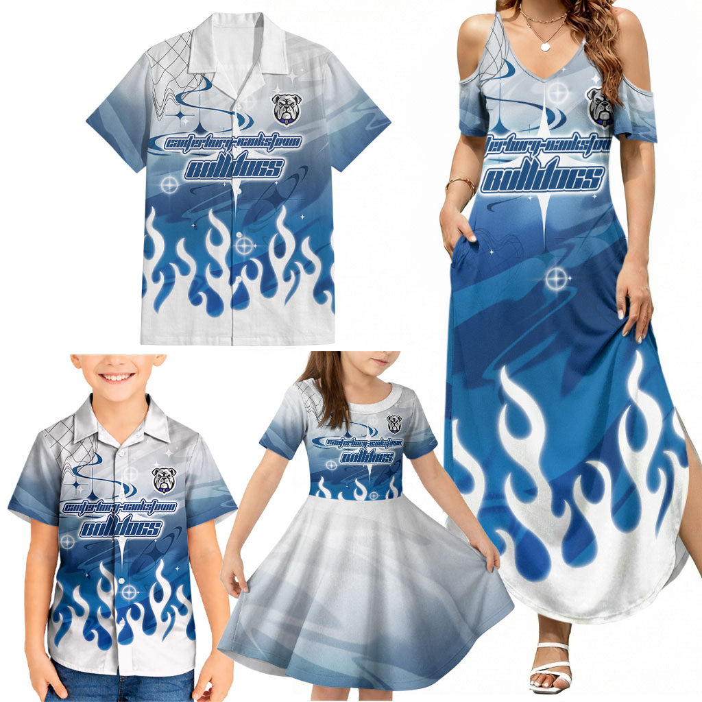 Personalized Canterbury Bankstown Bulldogs Family Matching Summer Maxi Dress and Hawaiian Shirt Y2K Grunge Aesthetic With Cyber Flames and Starburst Graphics