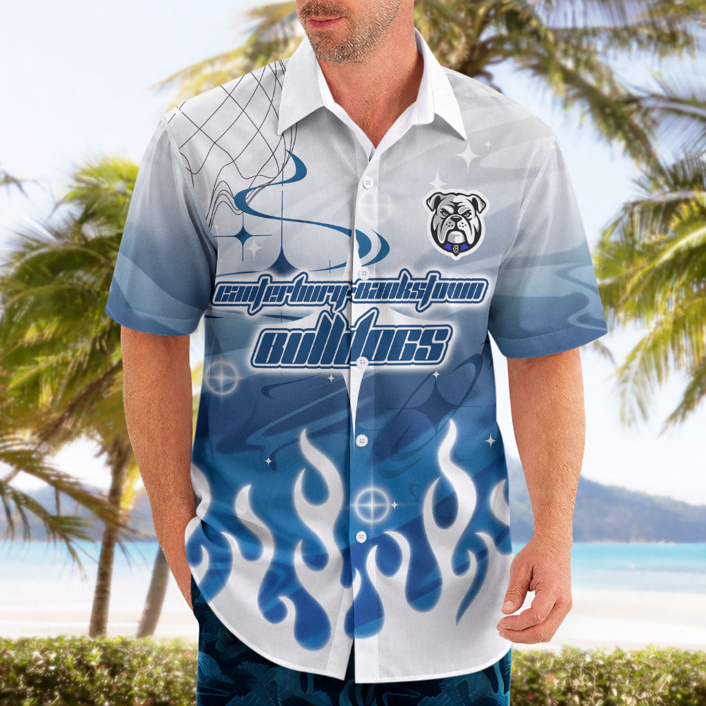 Personalized Canterbury Bankstown Bulldogs Hawaiian Shirt Y2K Grunge Aesthetic With Cyber Flames and Starburst Graphics