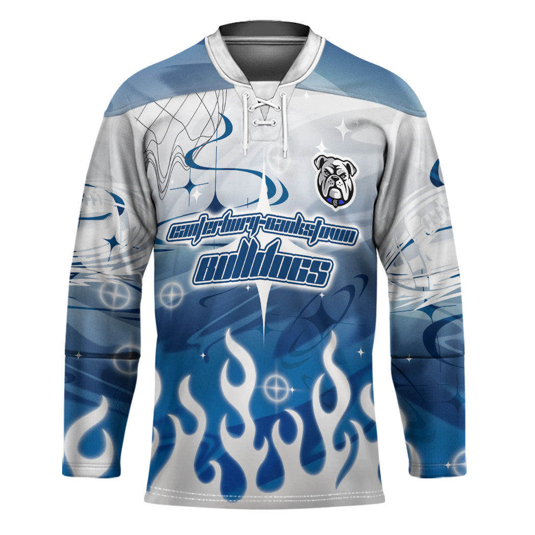 Personalized Canterbury Bankstown Bulldogs Hockey Jersey Y2K Grunge Aesthetic With Cyber Flames and Starburst Graphics