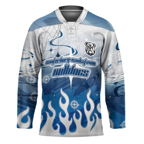 Personalized Canterbury Bankstown Bulldogs Hockey Jersey Y2K Grunge Aesthetic With Cyber Flames and Starburst Graphics