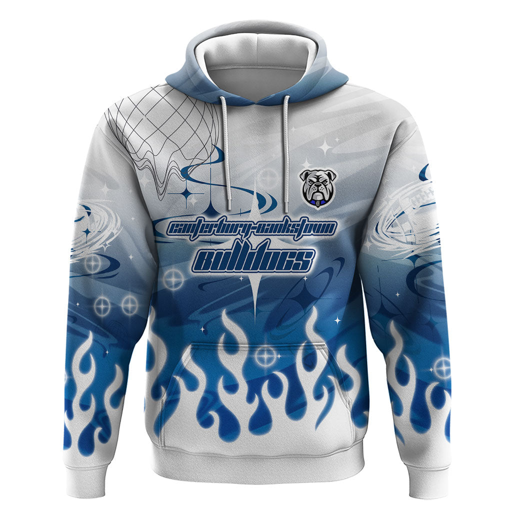 Personalized Canterbury Bankstown Bulldogs Hoodie Y2K Grunge Aesthetic With Cyber Flames and Starburst Graphics