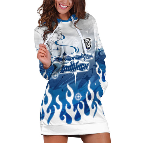 Personalized Canterbury Bankstown Bulldogs Hoodie Dress Y2K Grunge Aesthetic With Cyber Flames and Starburst Graphics