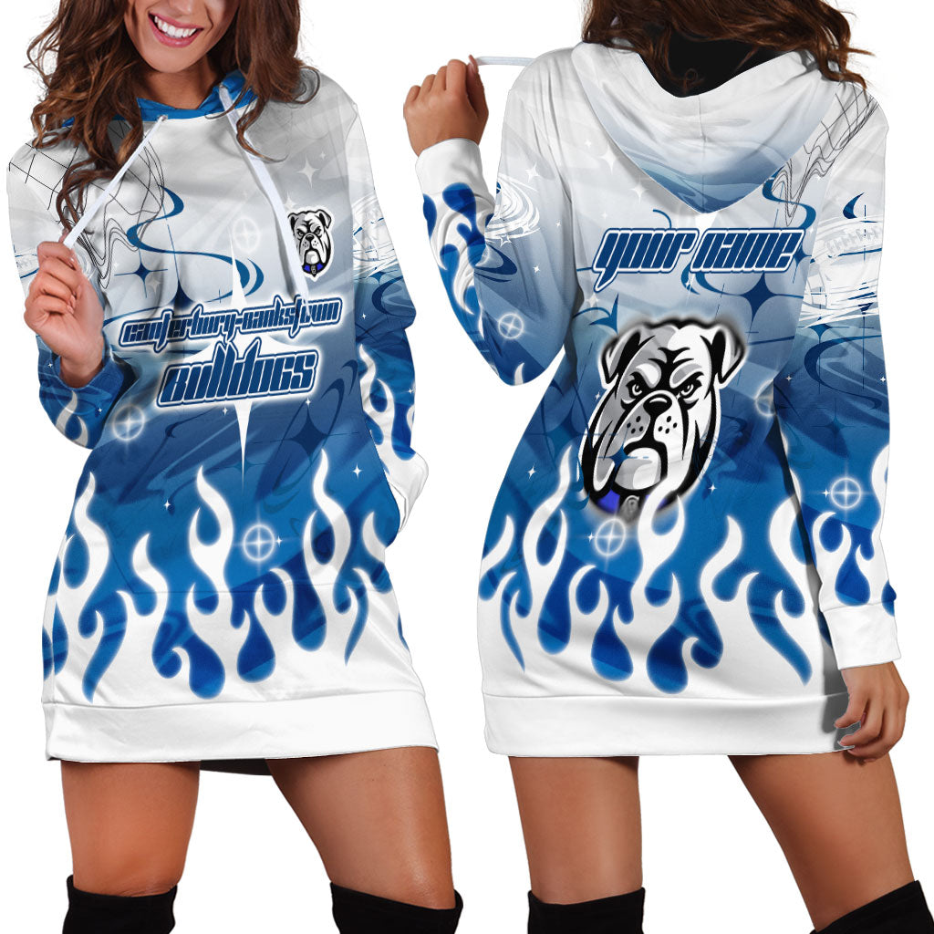 Personalized Canterbury Bankstown Bulldogs Hoodie Dress Y2K Grunge Aesthetic With Cyber Flames and Starburst Graphics