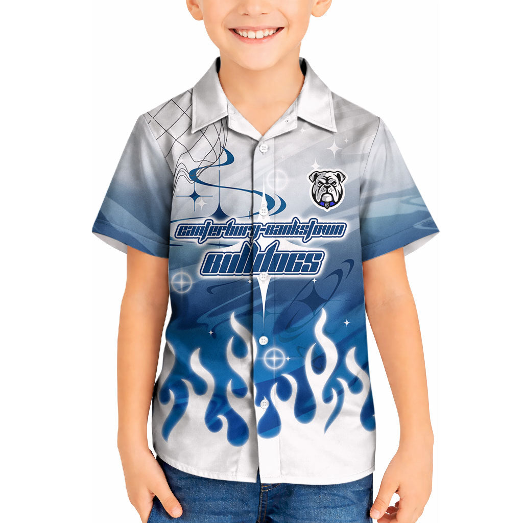 Personalized Canterbury Bankstown Bulldogs Kid Hawaiian Shirt Y2K Grunge Aesthetic With Cyber Flames and Starburst Graphics