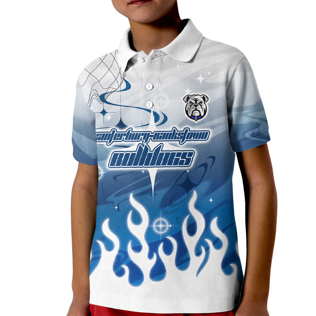 Personalized Canterbury Bankstown Bulldogs Kid Polo Shirt Y2K Grunge Aesthetic With Cyber Flames and Starburst Graphics