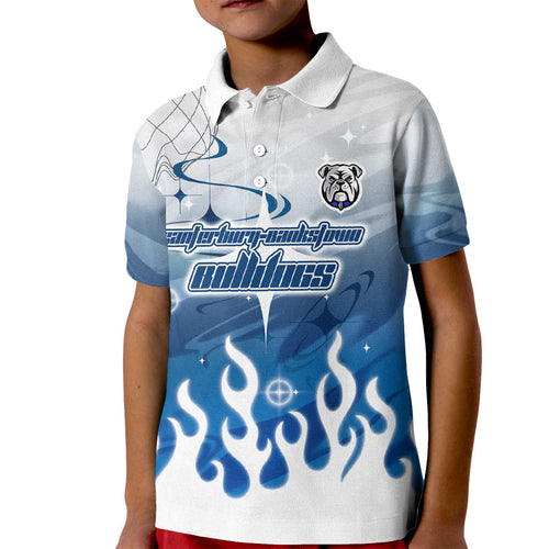 Personalized Canterbury Bankstown Bulldogs Kid Polo Shirt Y2K Grunge Aesthetic With Cyber Flames and Starburst Graphics