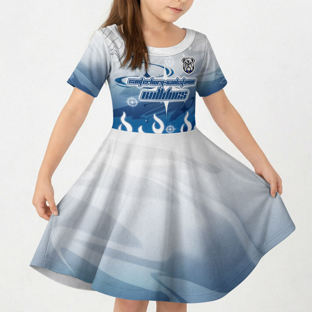 Personalized Canterbury Bankstown Bulldogs Kid Short Sleeve Dress Y2K Grunge Aesthetic With Cyber Flames and Starburst Graphics