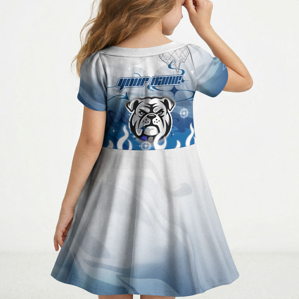 Personalized Canterbury Bankstown Bulldogs Kid Short Sleeve Dress Y2K Grunge Aesthetic With Cyber Flames and Starburst Graphics