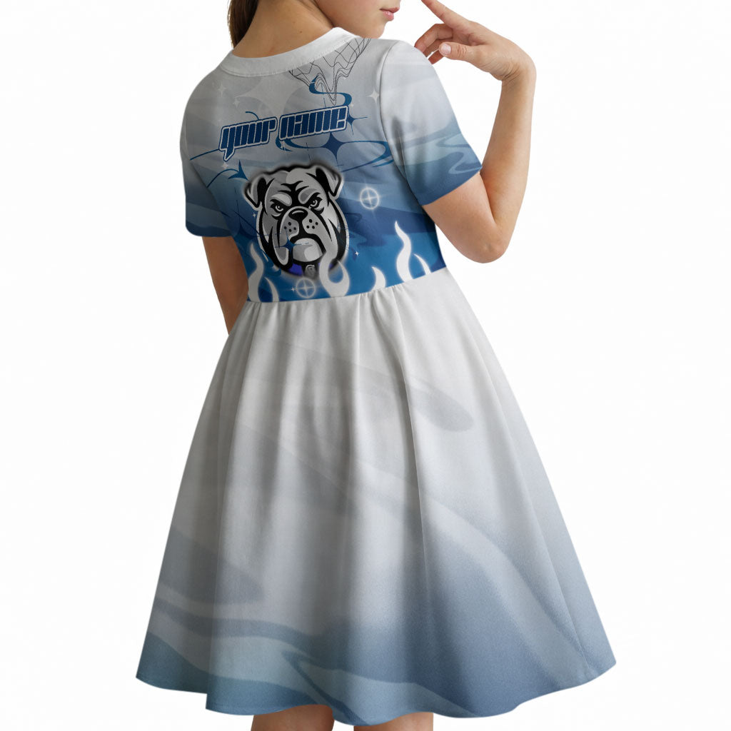 Personalized Canterbury Bankstown Bulldogs Kid Short Sleeve Dress Y2K Grunge Aesthetic With Cyber Flames and Starburst Graphics