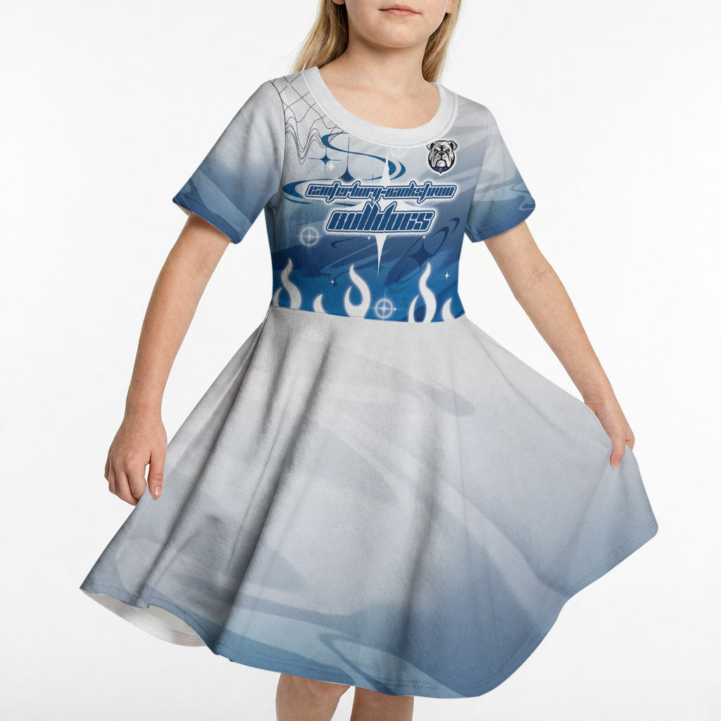 Personalized Canterbury Bankstown Bulldogs Kid Short Sleeve Dress Y2K Grunge Aesthetic With Cyber Flames and Starburst Graphics
